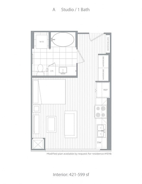 Floor plan for studio, 1 bath, 421 sqft